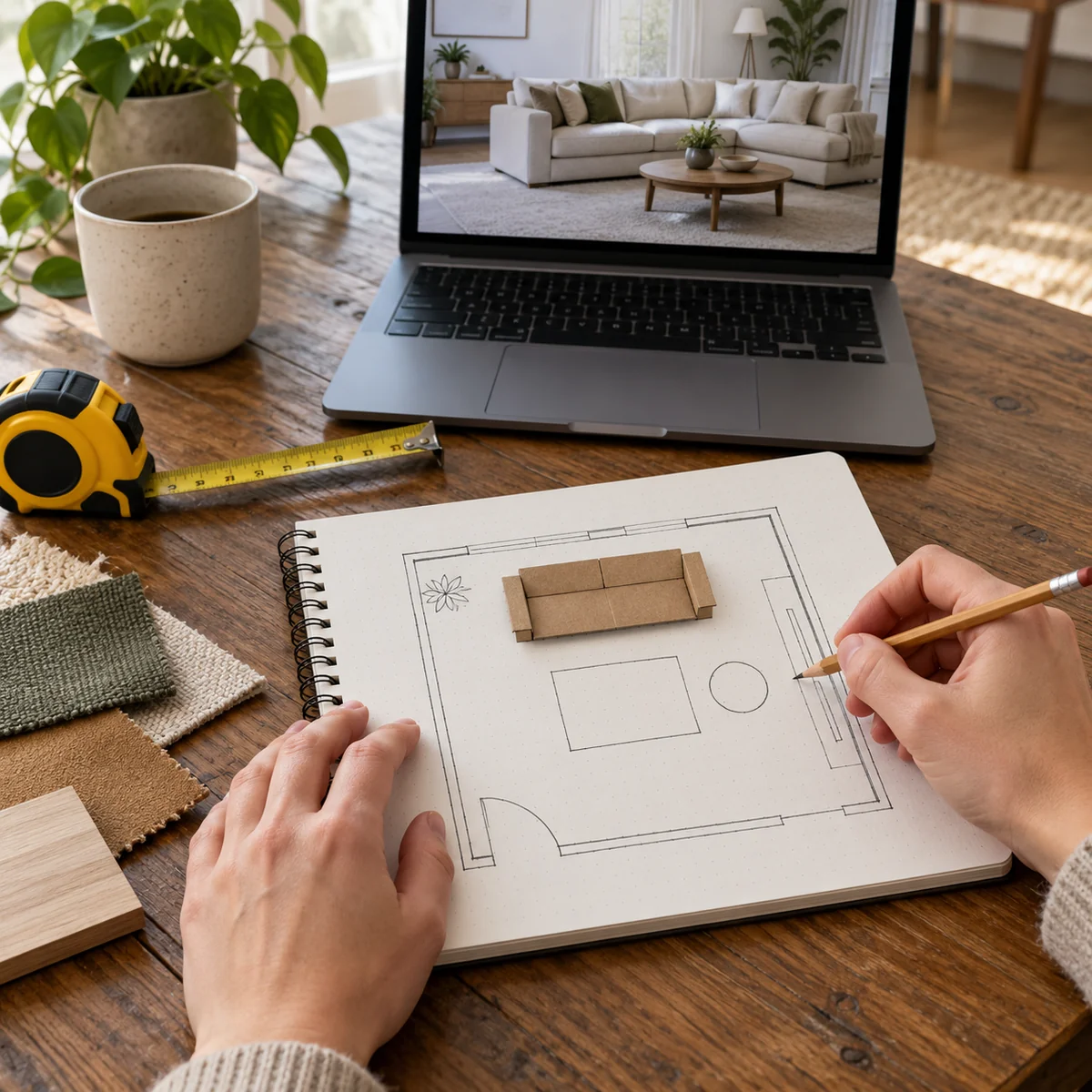 Comparing a simple furniture plan with a tape measure and online listing