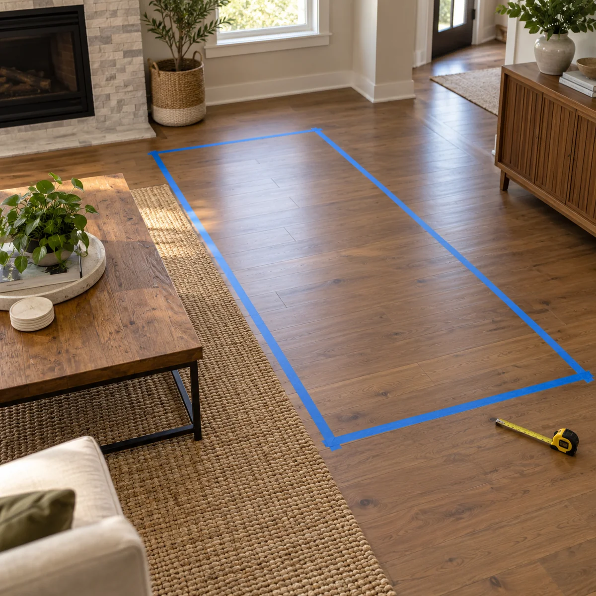 Removable painter's tape outlining a sofa footprint on a living-room floor