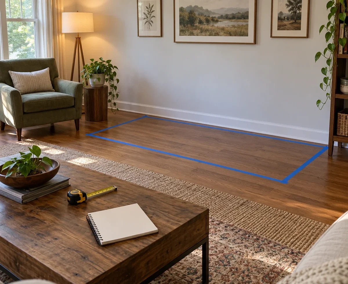 Living room with removable tape marking the planned footprint of a sofa