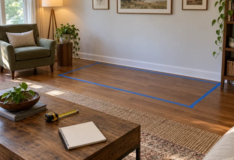Living room with removable tape marking the planned footprint of a sofa