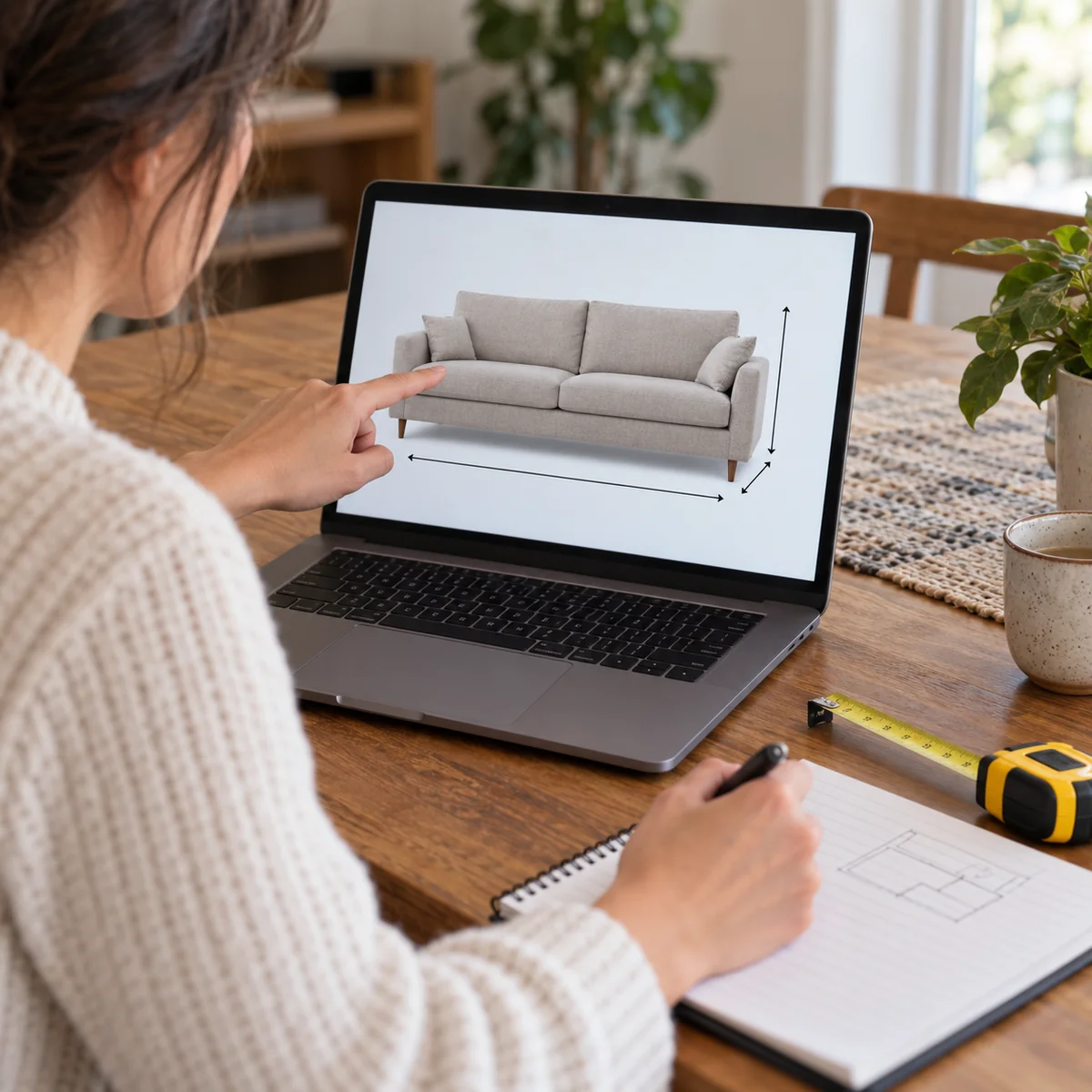 Checking an online furniture listing against measurements written in a notebook