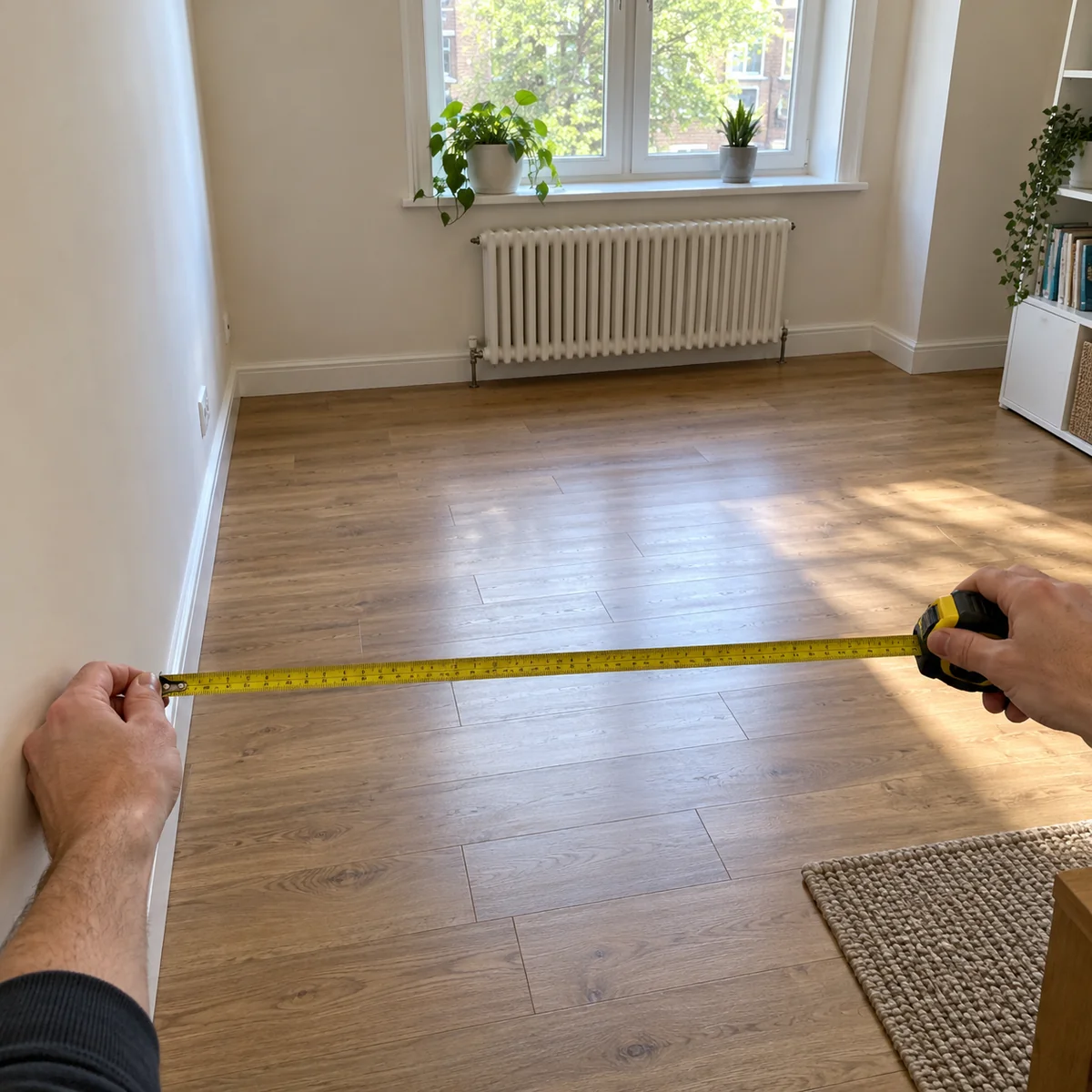 Measuring a clear wall and floor area in a living room before shopping for furniture