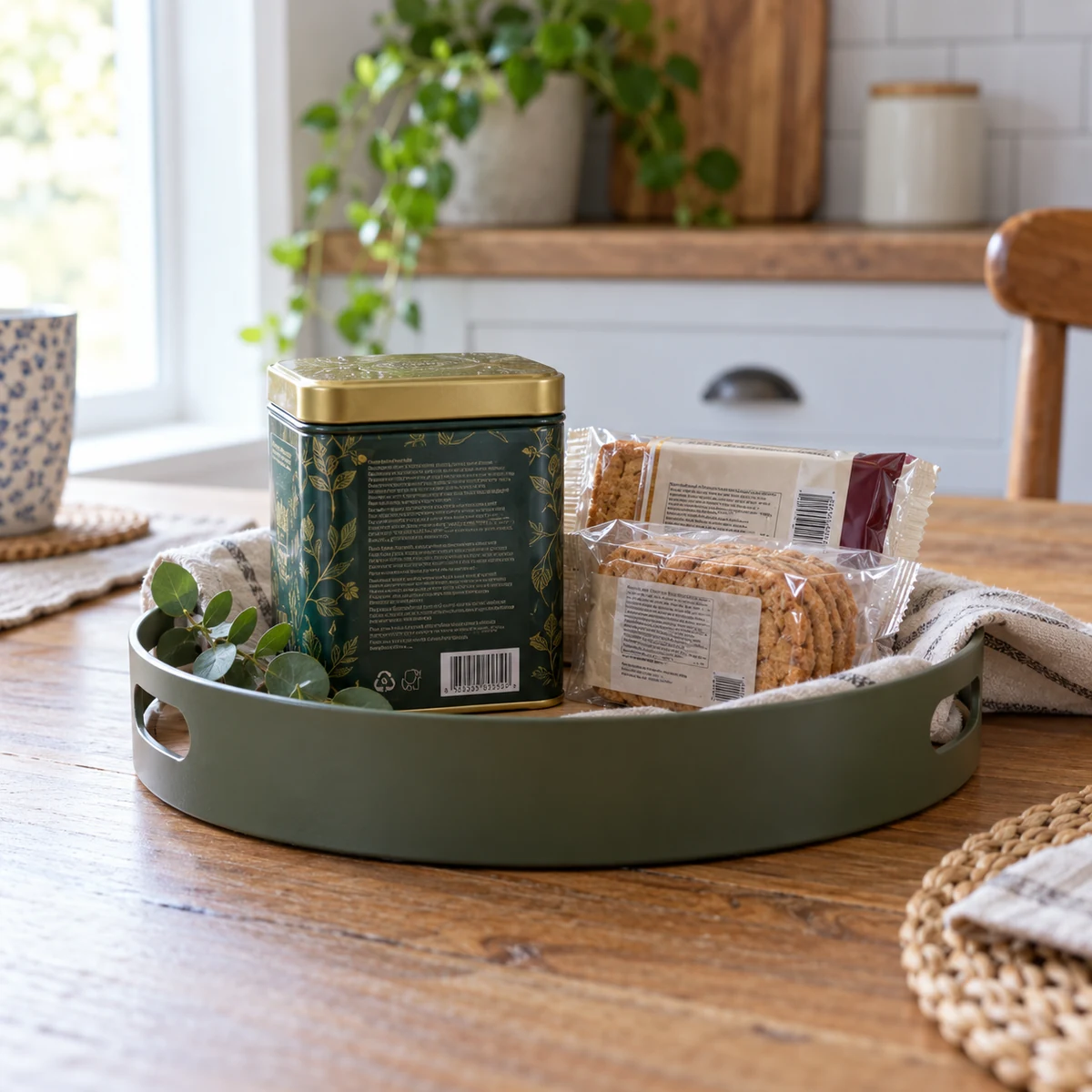 Modest consumable gift of tea and biscuits in a reusable tray