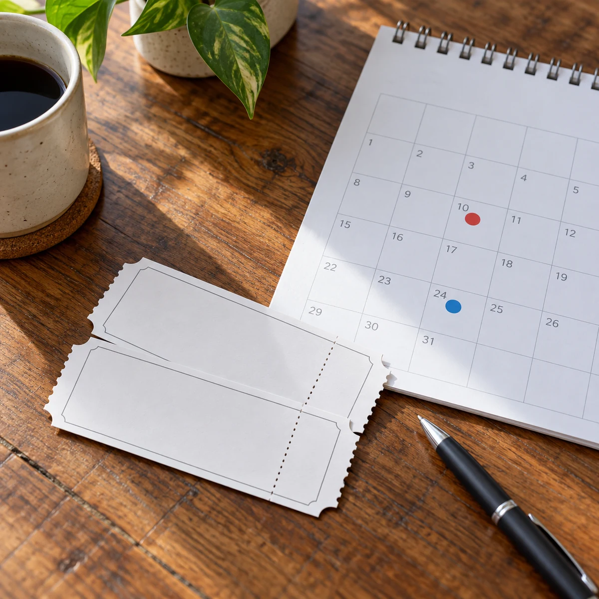 Two simple tickets and a calendar with possible dates for a shared outing
