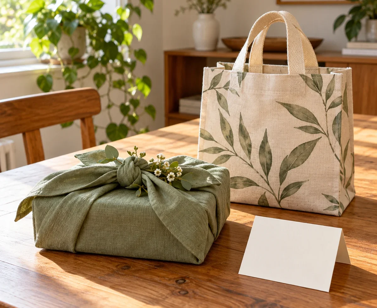 Thoughtful single gift wrapped in reusable cloth with a note and reusable bag
