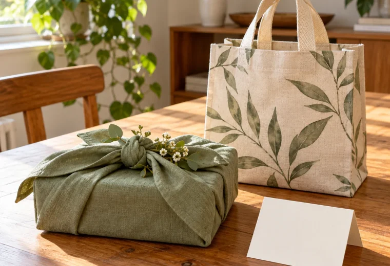 Thoughtful single gift wrapped in reusable cloth with a note and reusable bag