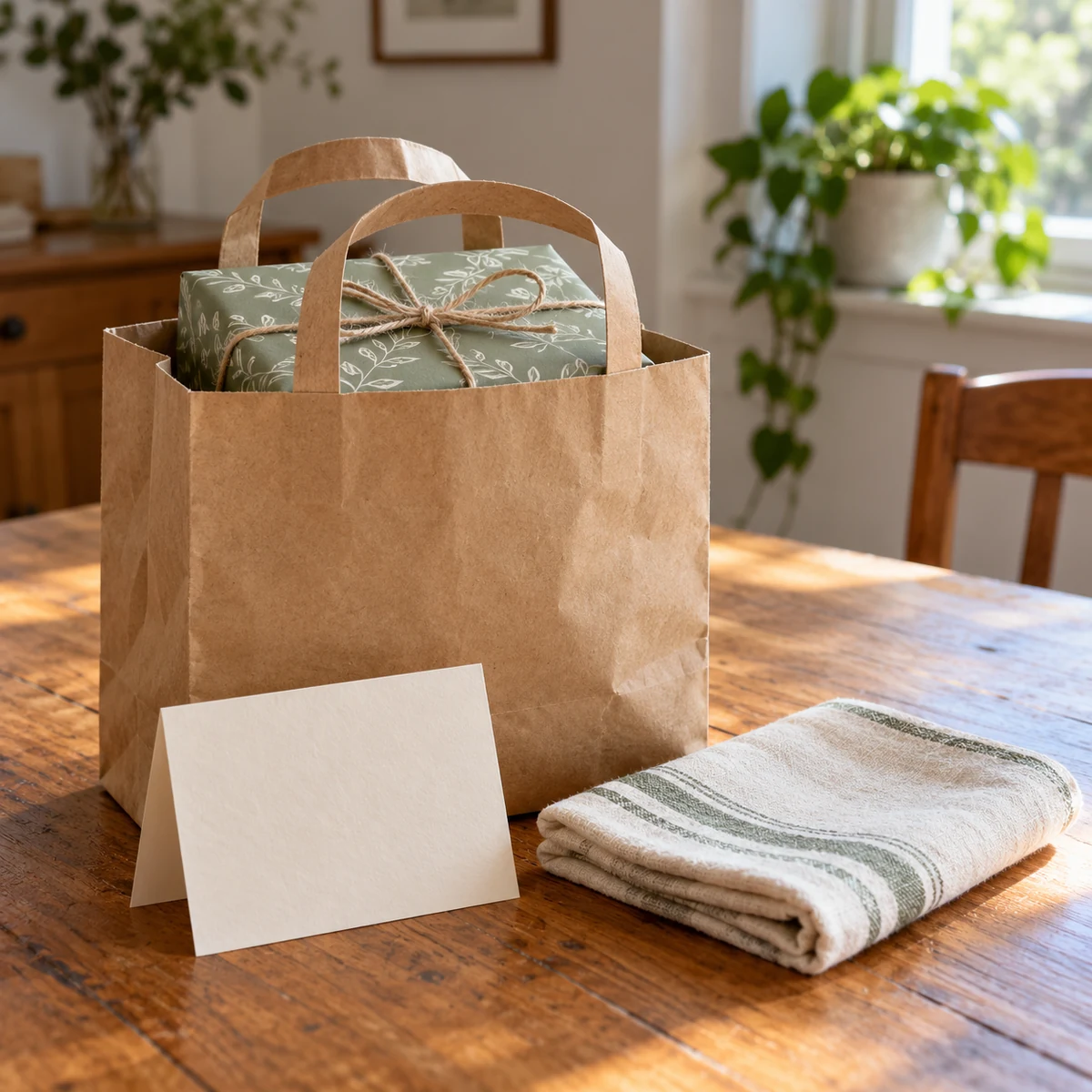 Single modest gift in a clean reused paper gift bag with a simple handwritten note