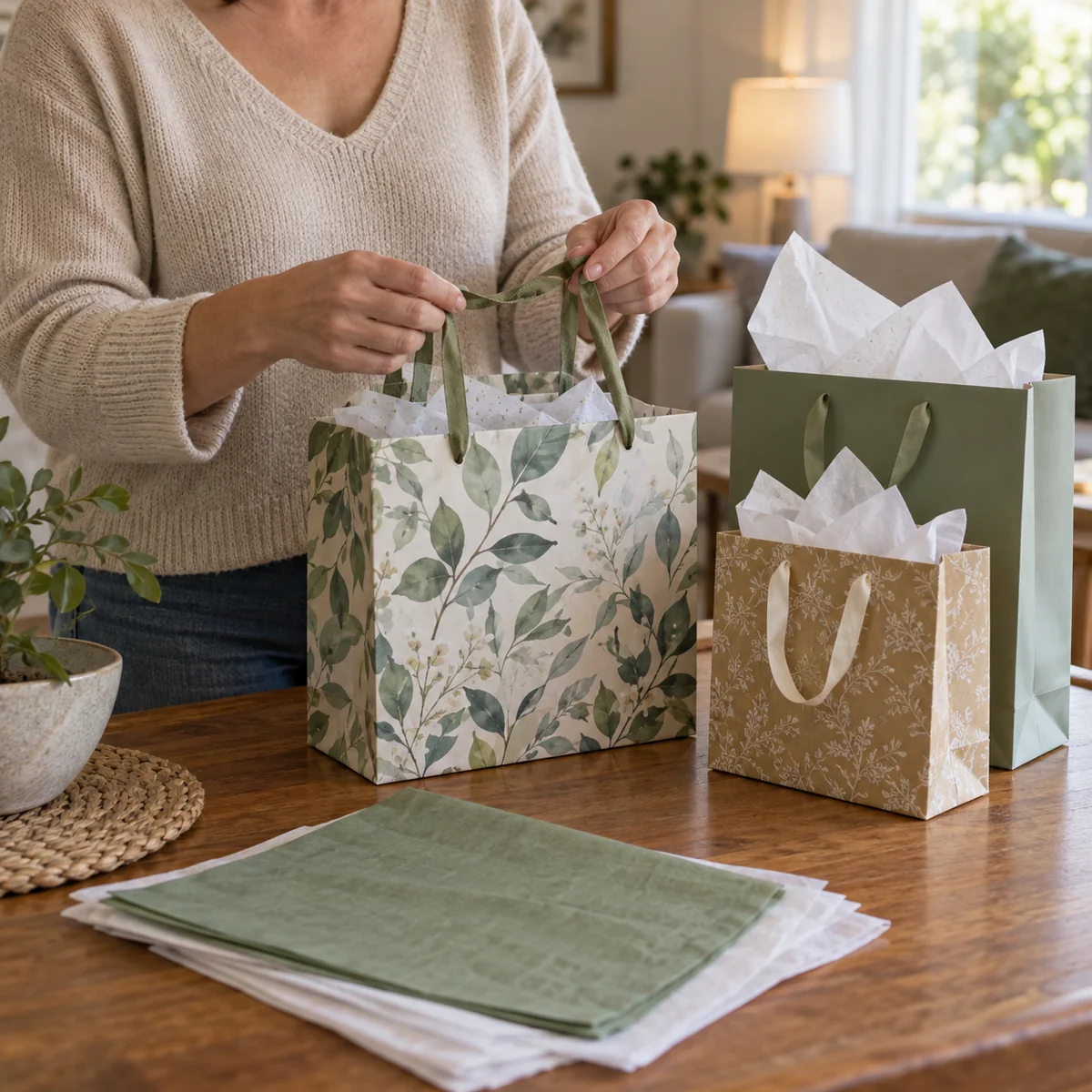 Gift bag handles being checked while reusable bags are nested by size
