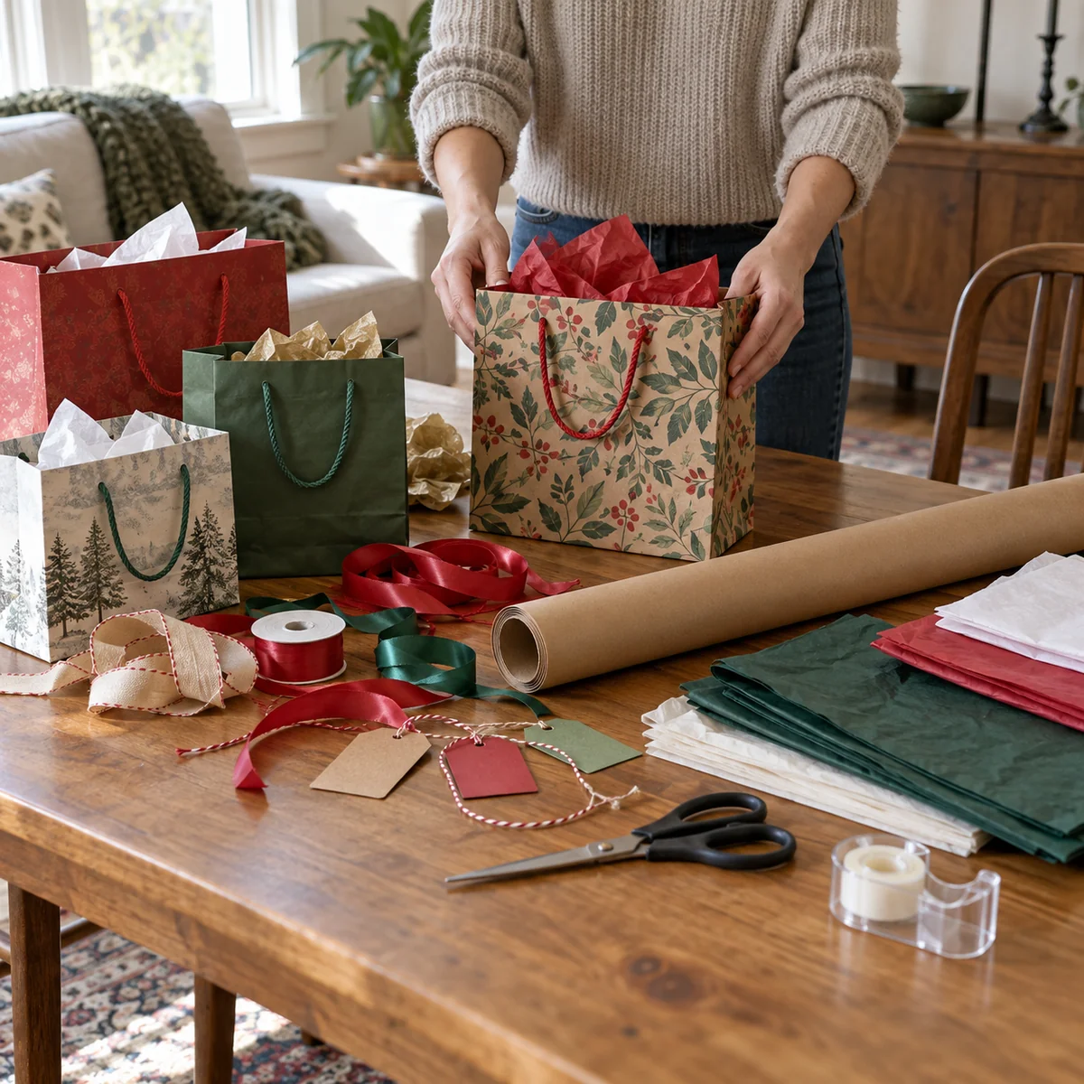 Gift wrap supplies gathered on a table before sorting