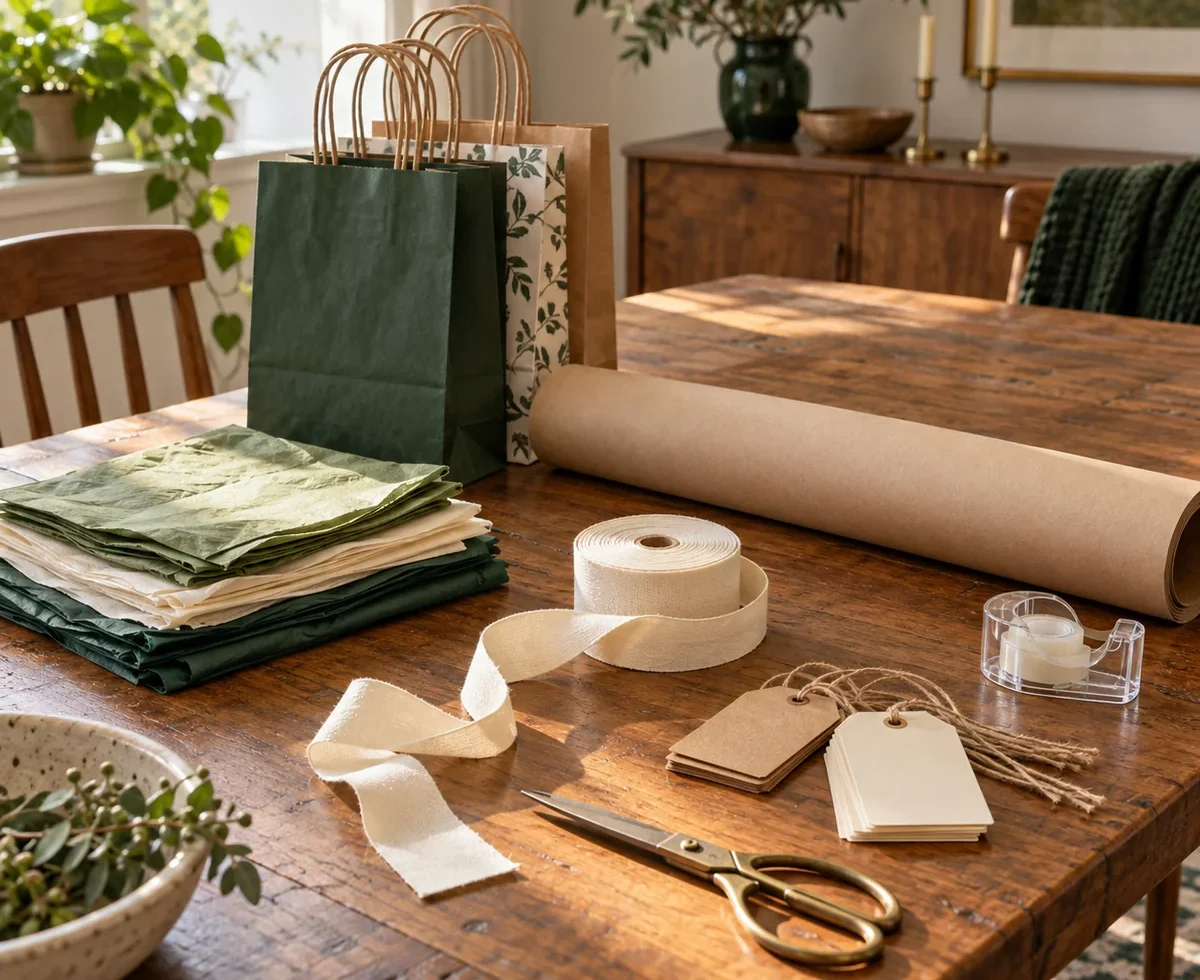 Gift wrapping supplies on a tidy table with reusable bags and kraft paper