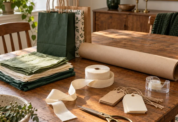 Gift wrapping supplies on a tidy table with reusable bags and kraft paper