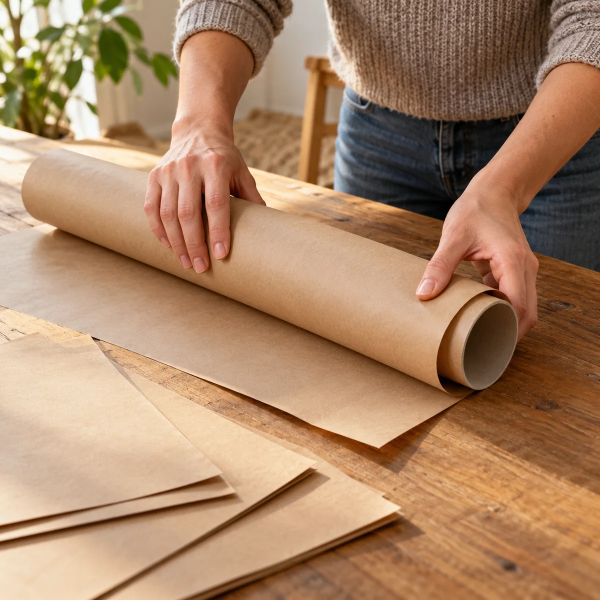 Wrapping paper kept on its roll with usable offcuts stacked flat