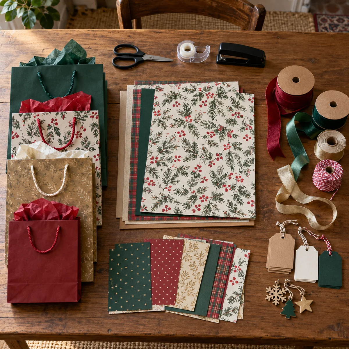 Reusable bags, paper, ribbons, tags, and tools sorted into separate groups