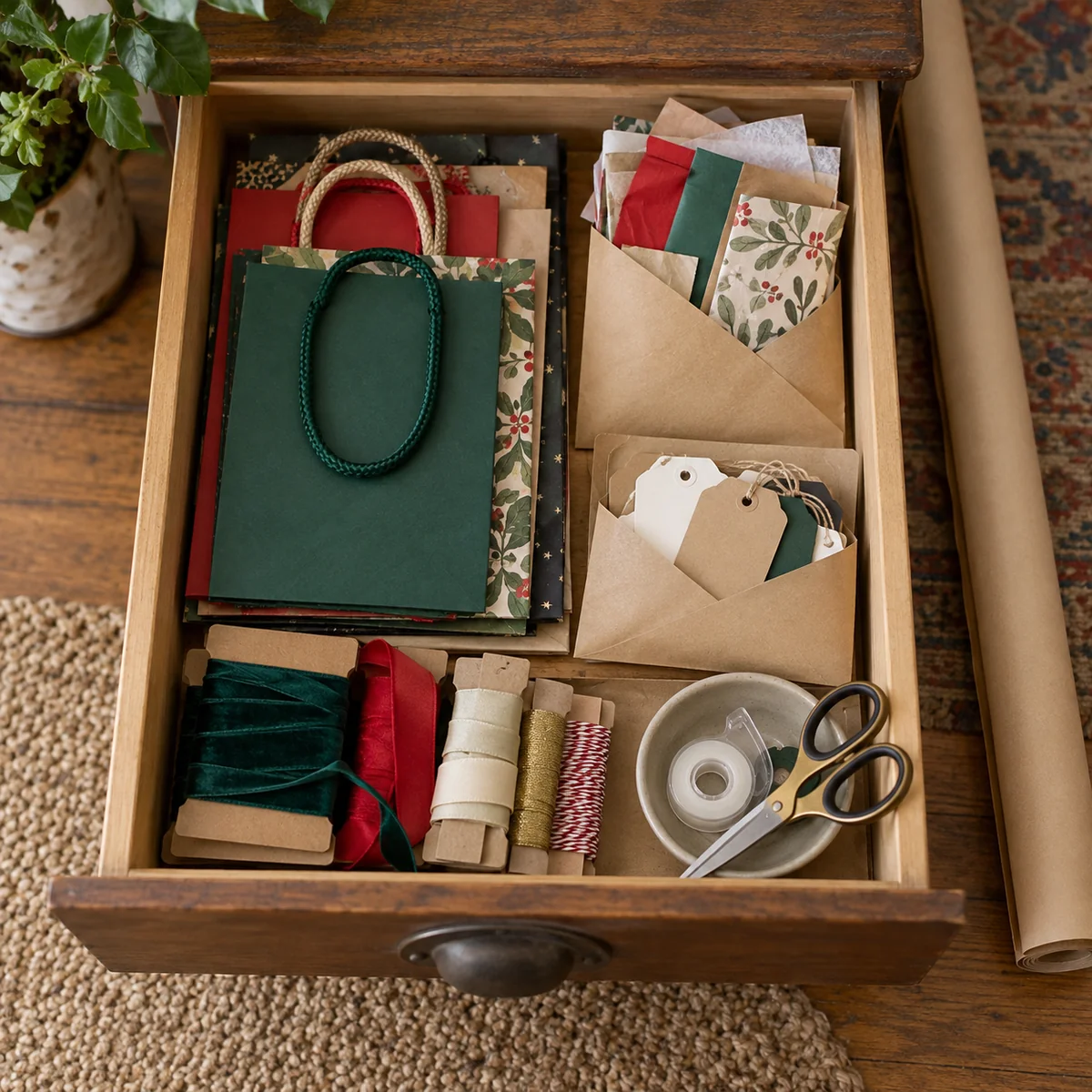Gift bags, paper offcuts, ribbon, tags, scissors, and tape in a simple reused drawer setup