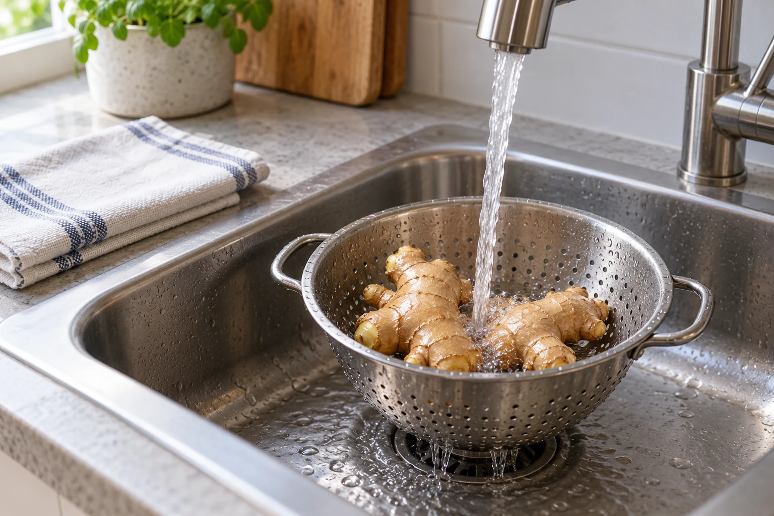 Fresh ginger in a colander under running tap water in a kitchen sink, with a clean towel on the counter
