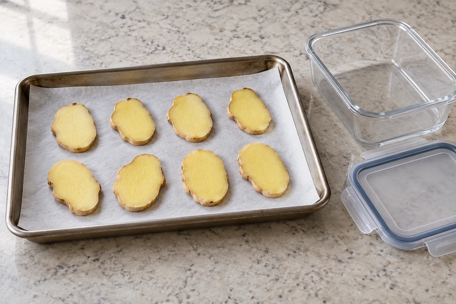 Ginger slices spaced in one layer on a parchment-lined metal tray resting on a kitchen counter, with an empty freezer-safe container beside it
