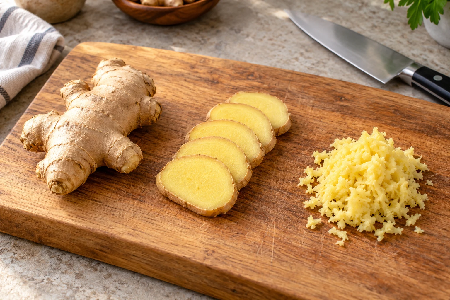 Clean fresh ginger arranged on a cutting board as a whole knob, separate thick slices, and a small mound of grated ginger