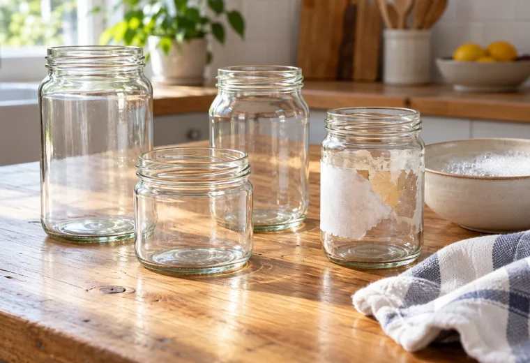 Clean reusable glass jars beside one jar with a partly removed paper label