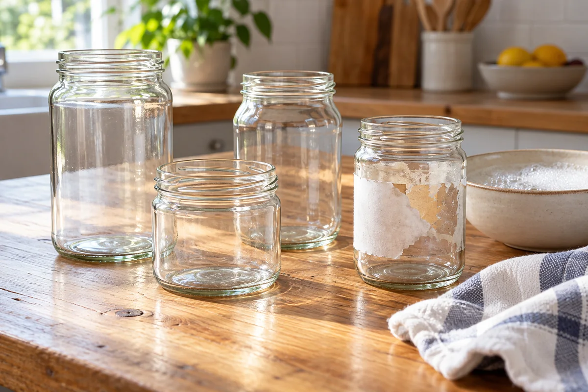 Clean reusable glass jars beside one jar with a partly removed paper label