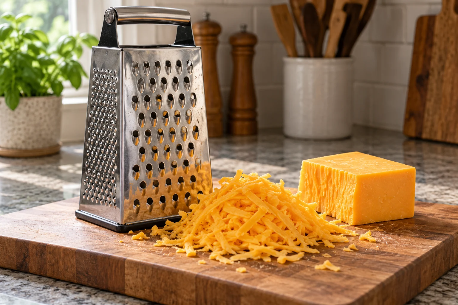 Stable box grater beside a small mound of grated firm cheese and a remaining cheese block on a cutting board
