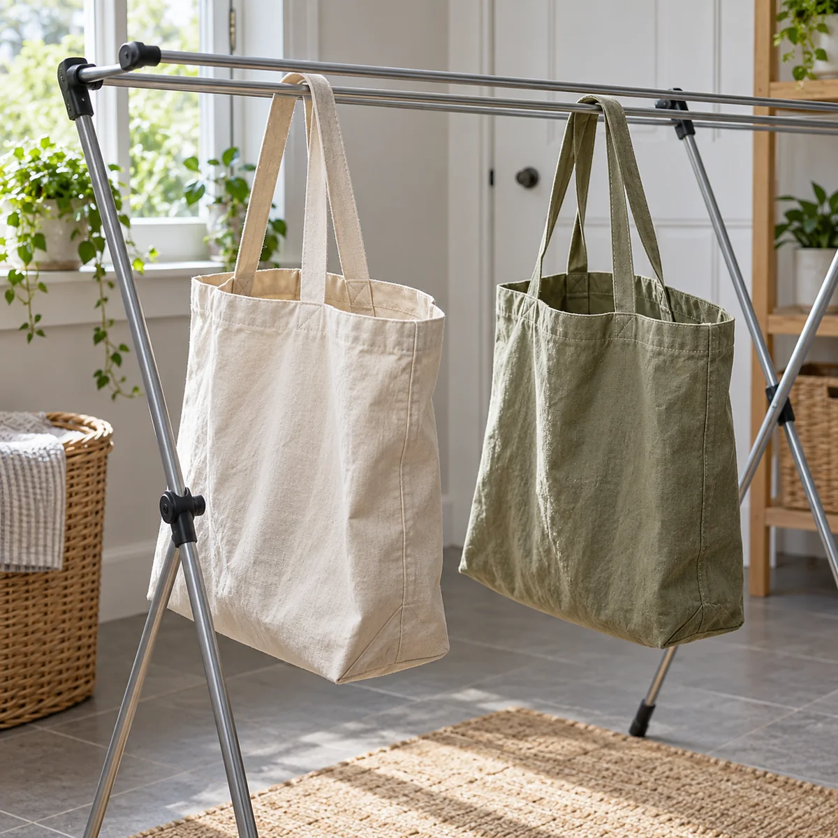 Two washed reusable fabric grocery bags hanging open on an indoor drying rack