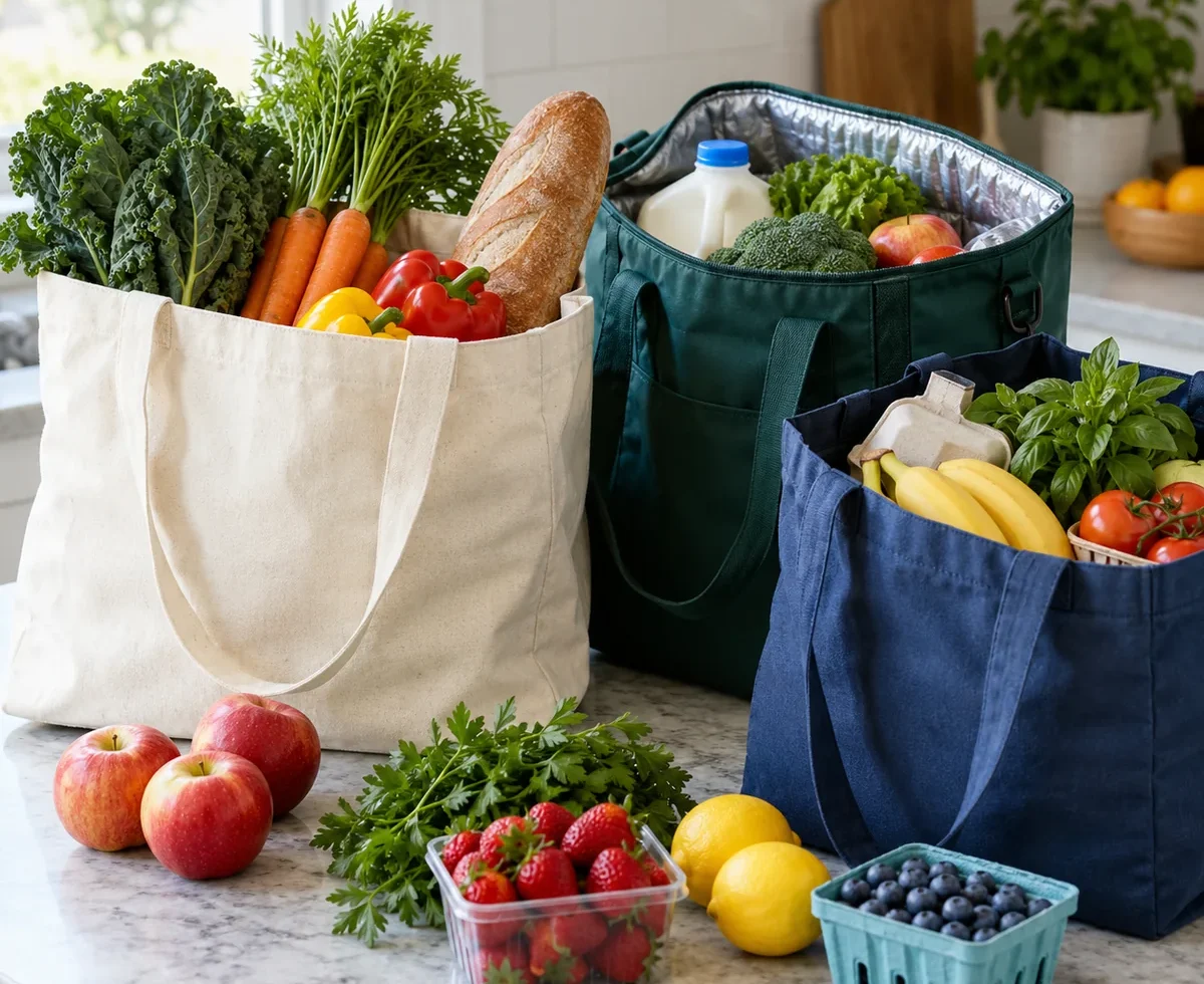 Three reusable grocery bags with groceries on a kitchen counter