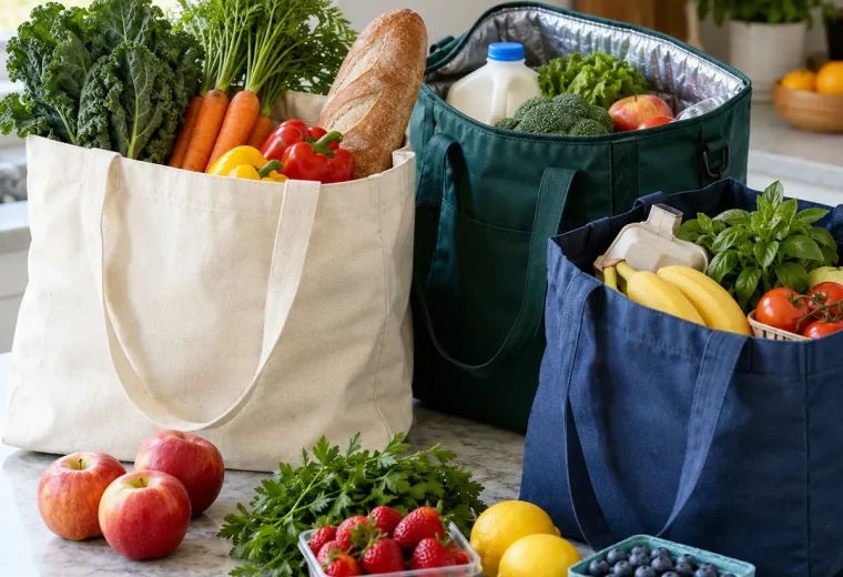 Three reusable grocery bags with groceries on a kitchen counter