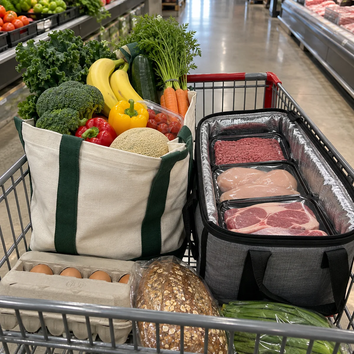 Produce in one reusable grocery bag and sealed raw meat packages in a separate carrier in a shopping cart