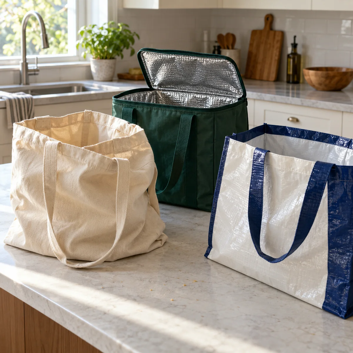 Empty canvas, coated, and insulated grocery bags on a clean counter ready for care-label checks