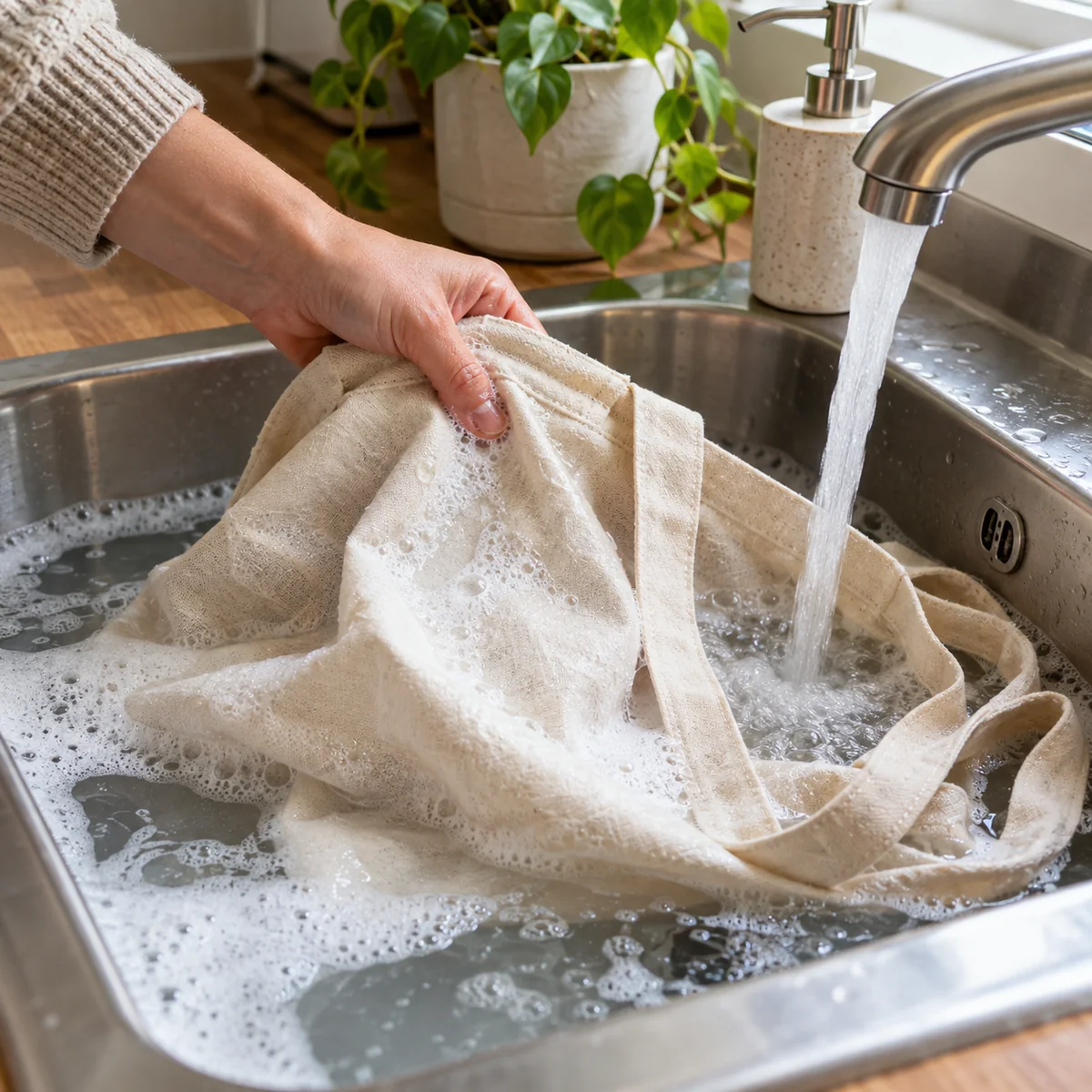 Washable canvas grocery tote being washed by hand with soapy water in a sink