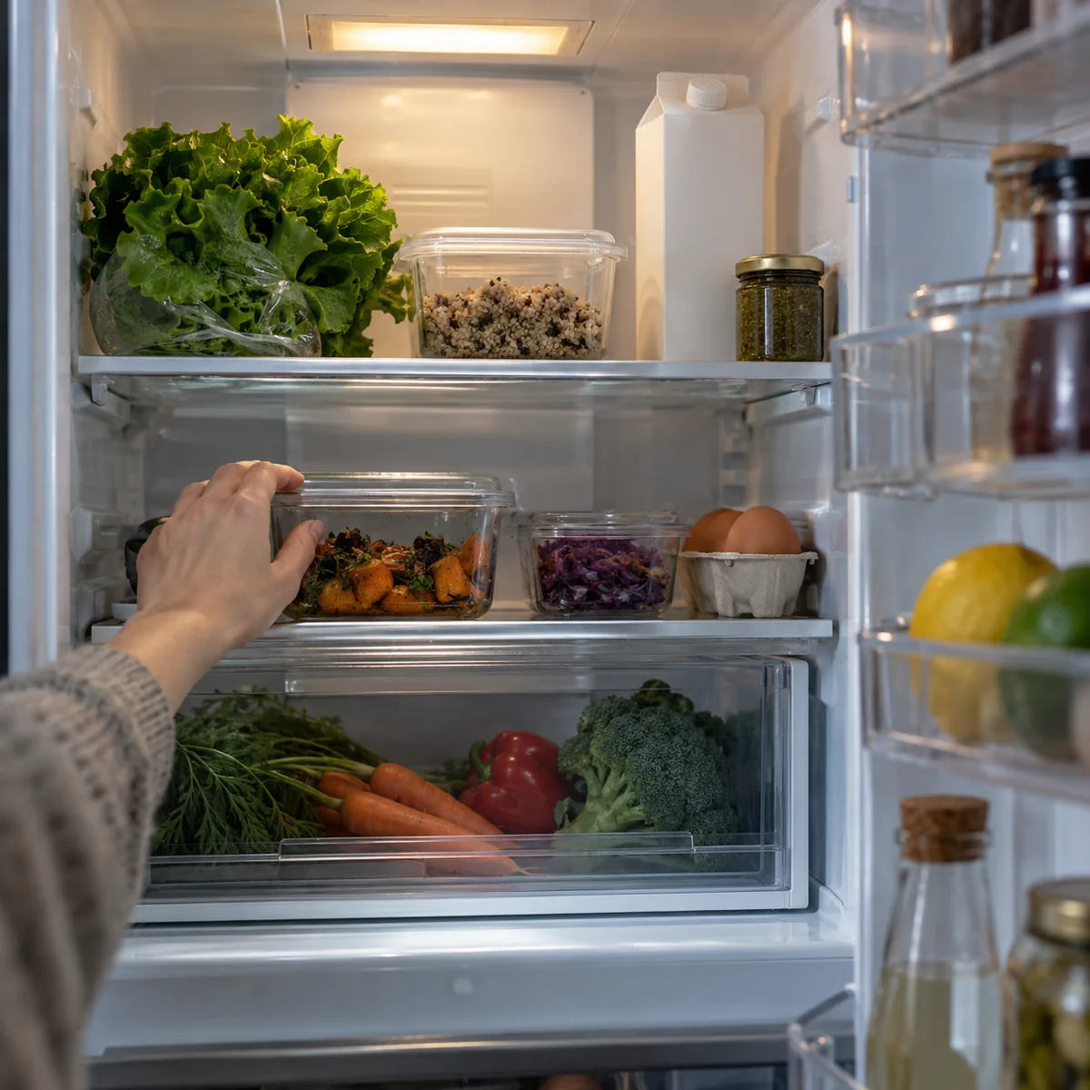 Home refrigerator being checked for vegetables and leftovers before grocery shopping