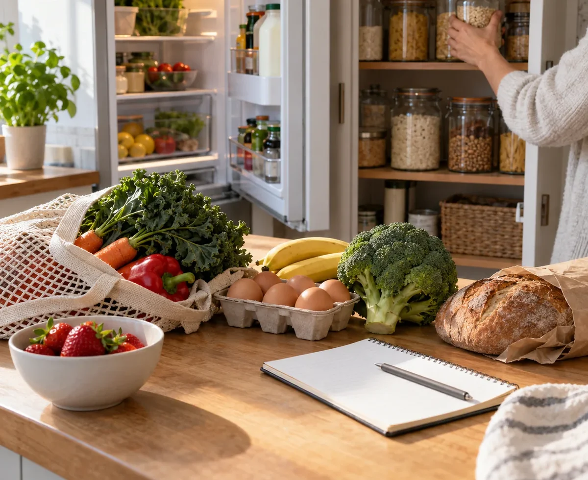 Kitchen counter with groceries while refrigerator and pantry are checked before shopping