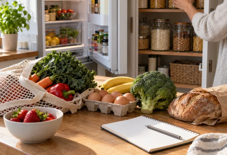 Kitchen counter with groceries while refrigerator and pantry are checked before shopping