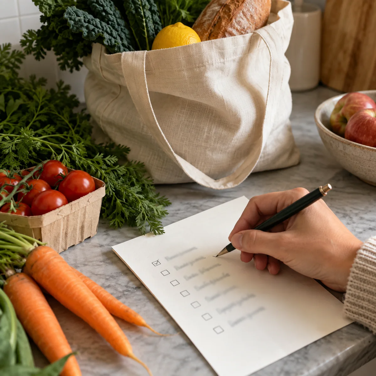 A short grocery list being written beside a reusable shopping bag and fresh food