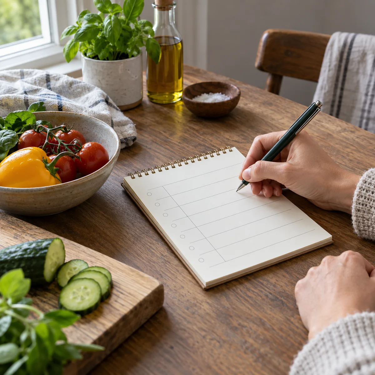 Simple meal-planning notes being made at a kitchen table with vegetables nearby