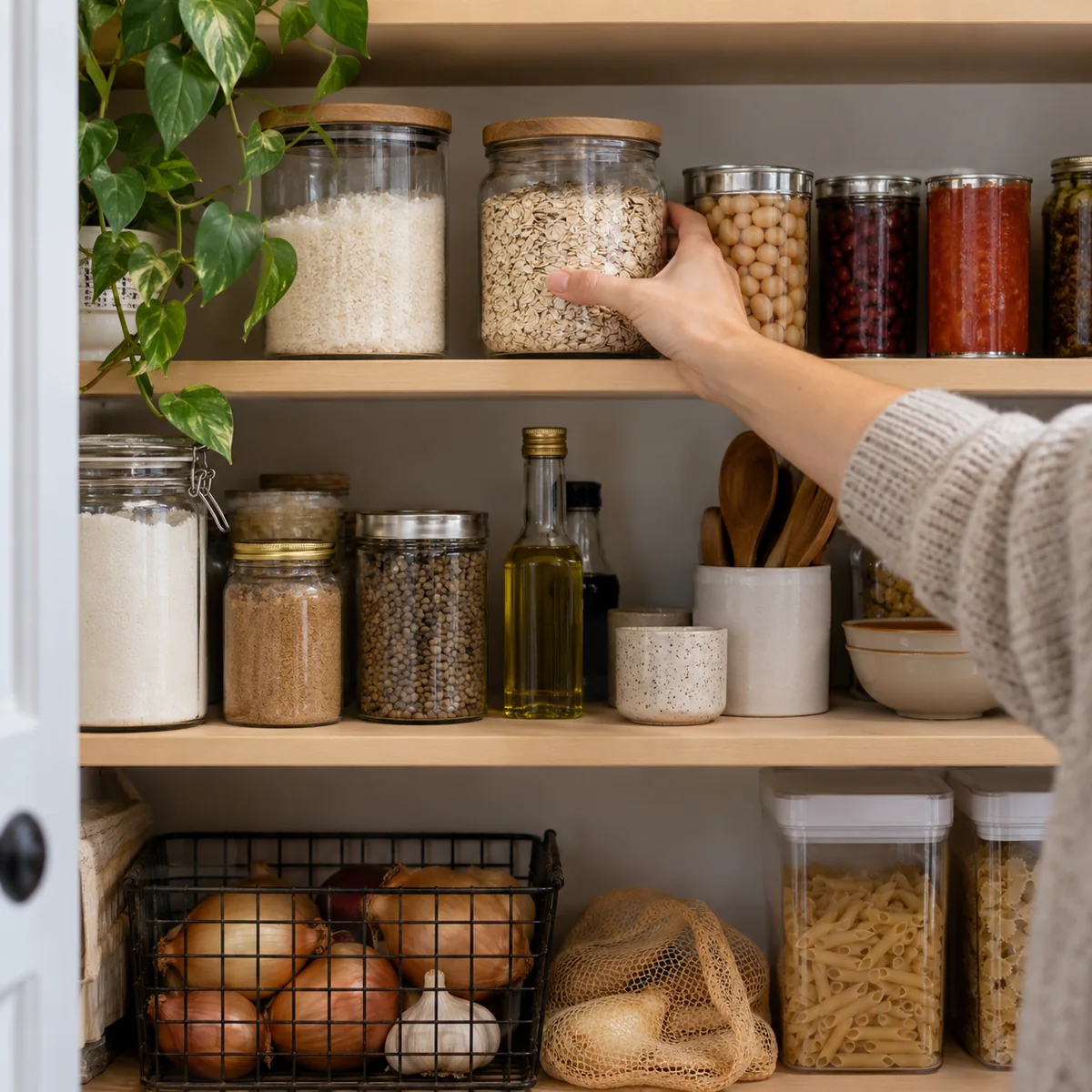 Pantry shelves with grains, beans, and other ingredients being checked before shopping