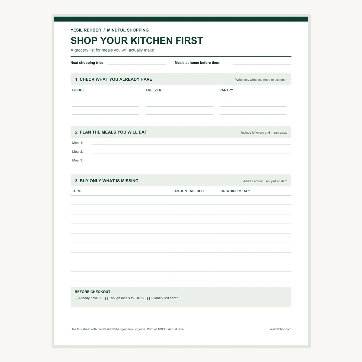Preview of the actual one-page Shop Your Kitchen First grocery list printable