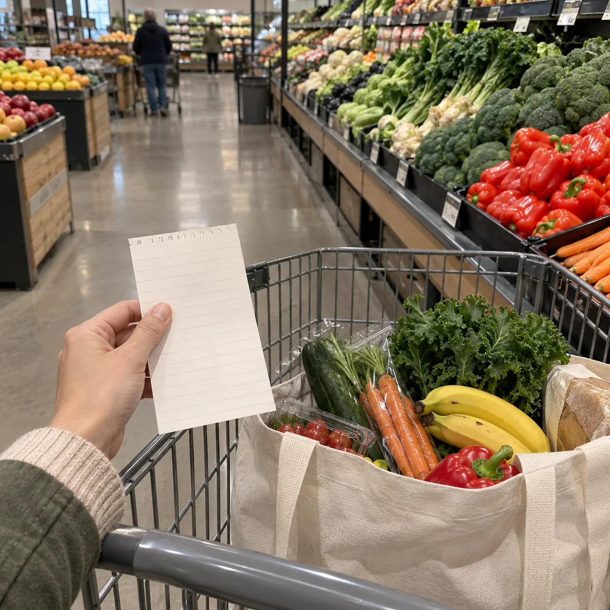 Shopper consulting a short grocery list in a produce aisle with a modest basket of food
