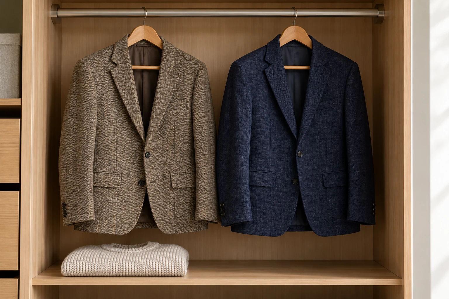 Two structured jackets on wooden hangers supported by a wardrobe rail above a folded sweater