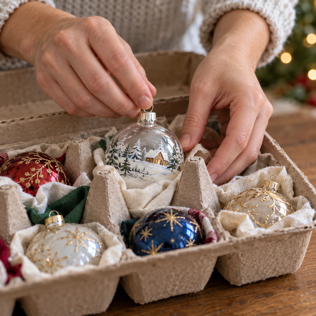 Fragile ornament protected in a reused cardboard egg carton with soft fabric
