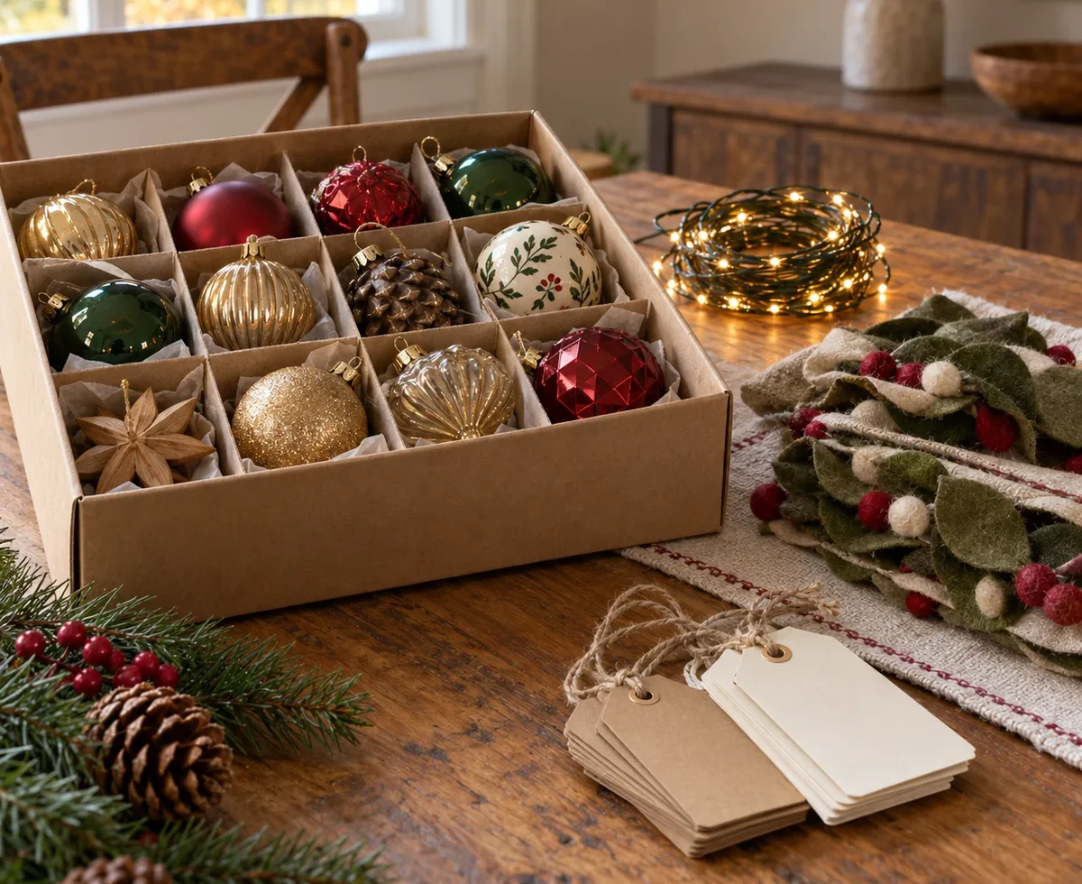 Seasonal decorations neatly arranged for storage in a reused cardboard box