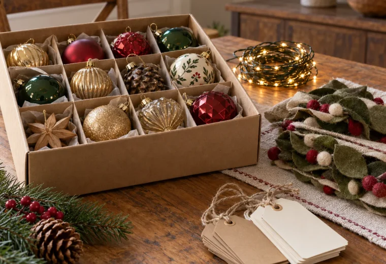 Seasonal decorations neatly arranged for storage in a reused cardboard box