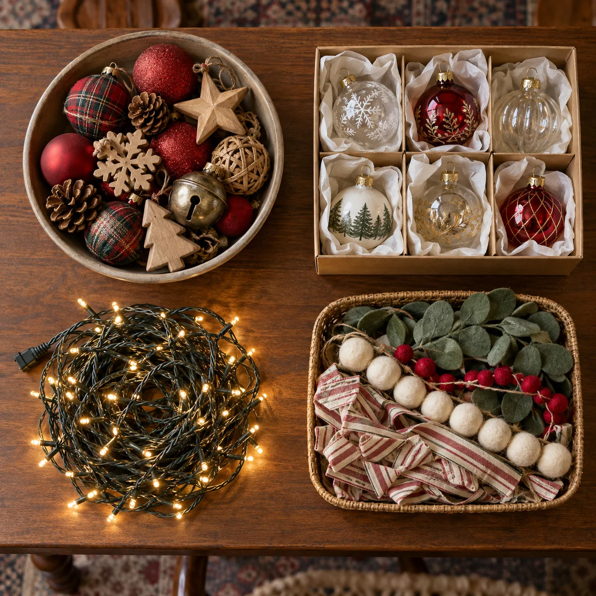 Seasonal decorations sorted into sturdy pieces, fragile ornaments, lights, and fabric items
