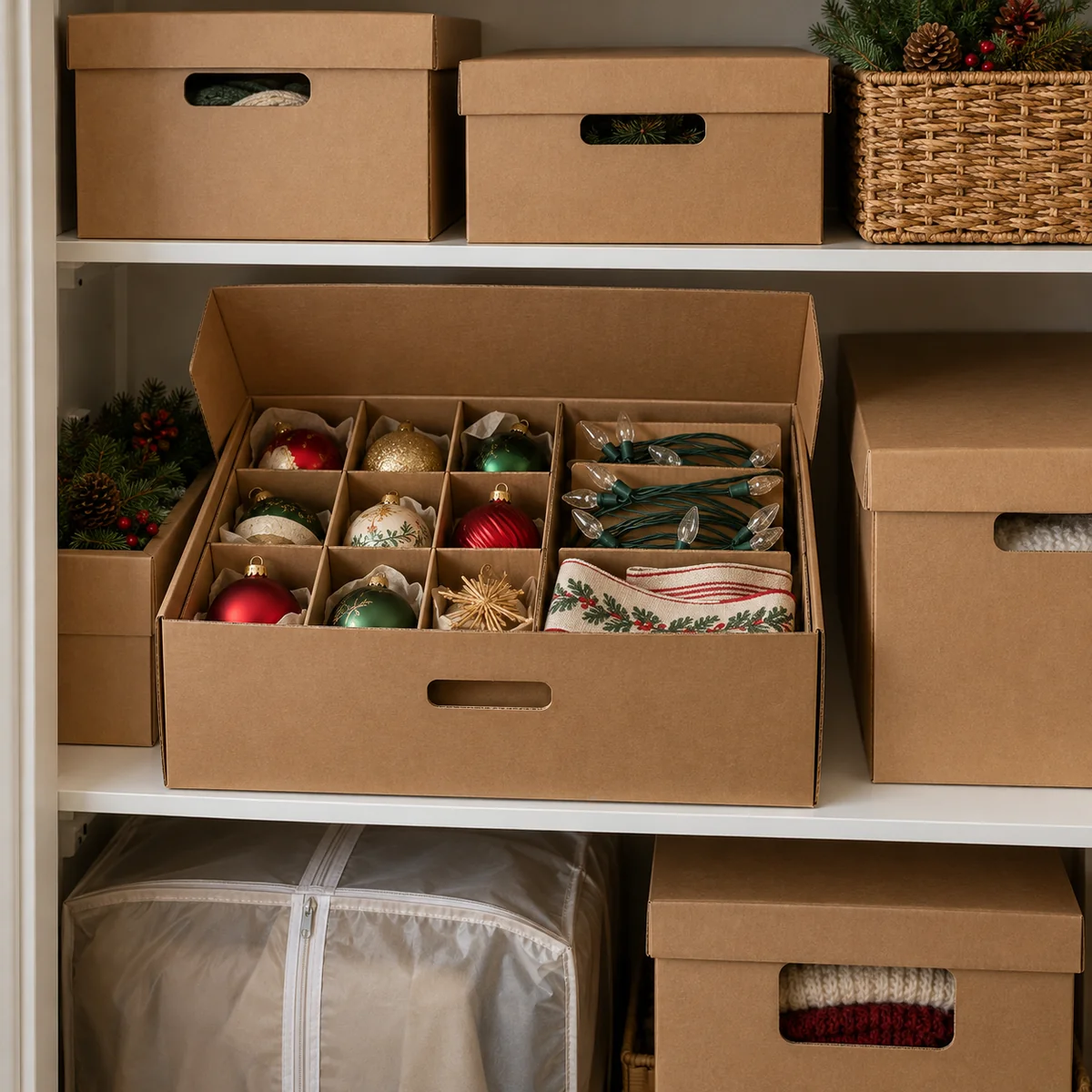 Seasonal decorations packed in sturdy reused boxes on a dry closet shelf