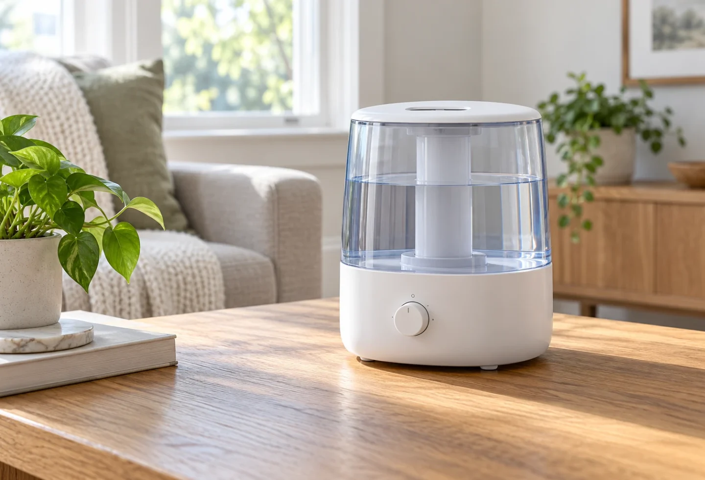 Clean portable humidifier standing securely on a dry wooden table