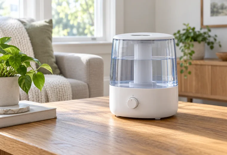 Clean portable humidifier standing securely on a dry wooden table
