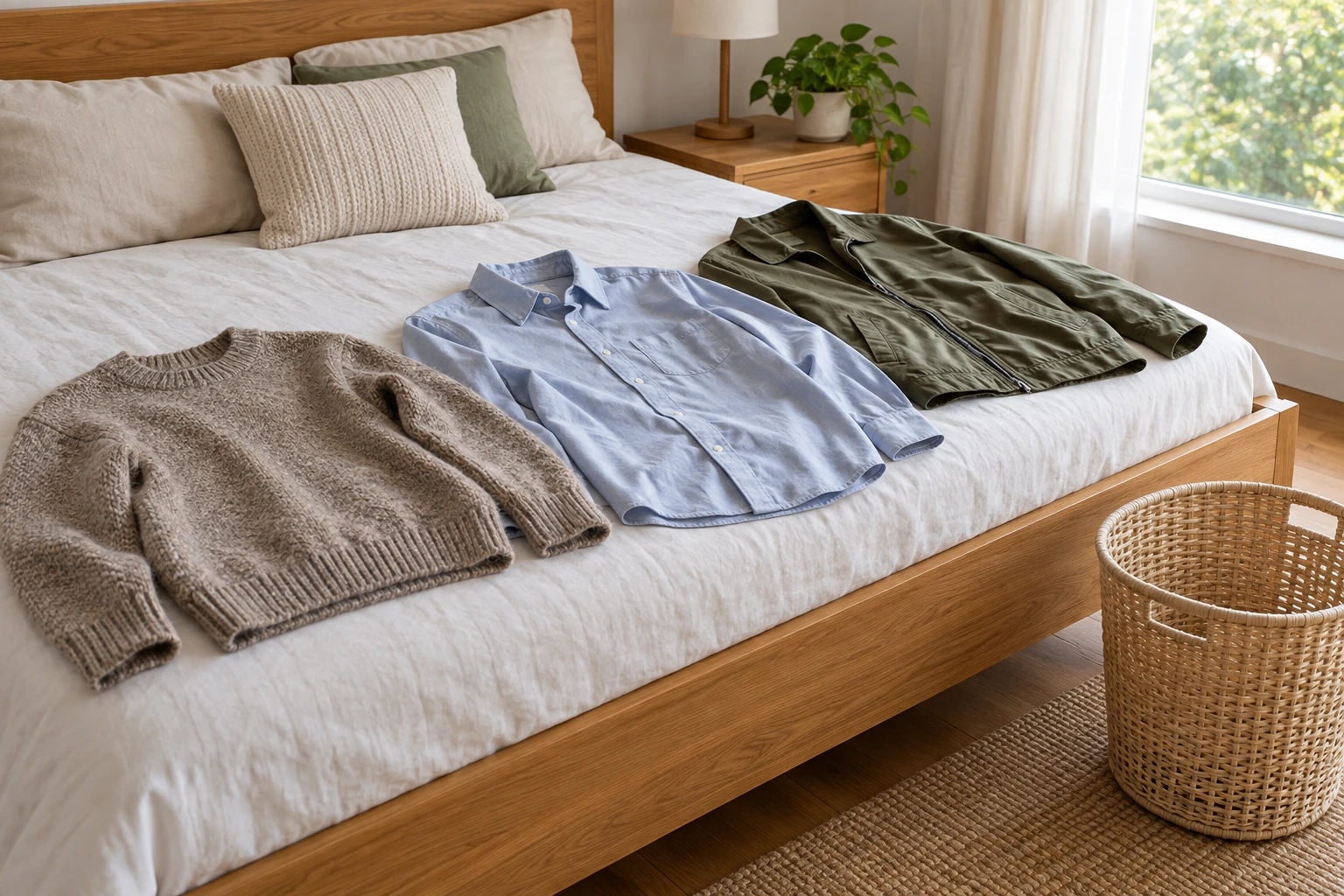 Clean seasonal sweater, shirt and jacket laid flat on a supported bed for inspection