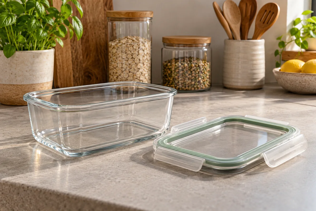 Glass food container and its matching gasketed lid resting flat on a countertop