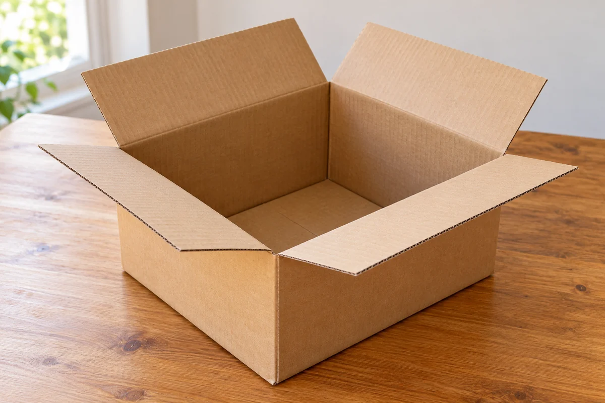 Clean corrugated shipping box with intact corners and four attached flaps resting open on a wooden table