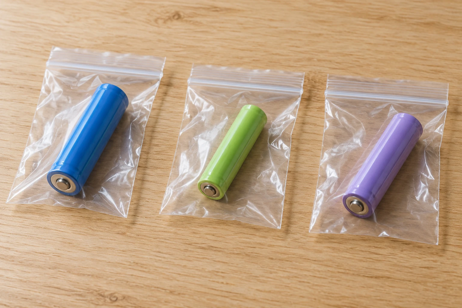 Individual rechargeable batteries isolated in separate clear bags on a stable table